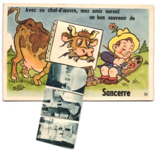 Leporello-AK Sancerre, Verschiedene Ortsansichten, Stier durchbricht die Landwand des jungen Malers