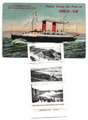 Leporello-AK Douglas /I. O. M., Storm in Douglas Bay, General View, Port Jack and Road to Groudle, Passagierschiff