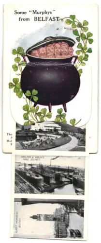 Leporello-AK Belfast, Shaw`s Bridge, Floral Hall, Harland & Wolff`s Yard, Albert Memorial, Laughing Potatoes