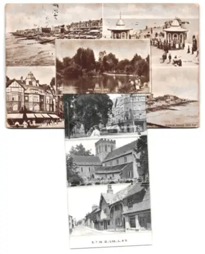 Leporello-AK Worthing, The Park Lake, The Pier, Broadway, Marine Parade from Pier, East Beach