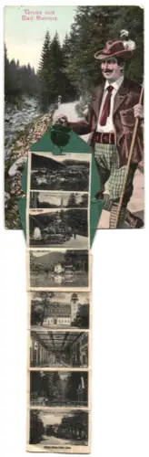 Leporello-AK Bad Reinerz, Laue Quelle, Alte Schmelze, Badehaus, Wandelhalle, Schmelzetal, Wanderer mit Tasche