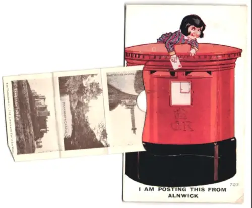 Leporello-AK Alnwick, St. Michael`s Church, Bondgate, Tenantry Column, Warkworth Castle, Mädchen am Briefkasten