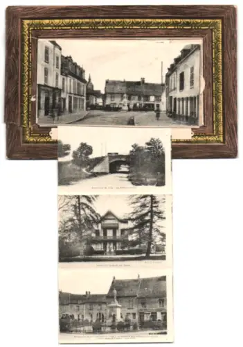 Leporello-AK Angerville, Les Villas, L`Eglise, Le Pont, Le Chalet, Le Monument de la Guerre 1914-18