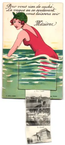 Leporello-AK Mézières, La Gare, Pont Bayard, Le Barrages, Ls Bords de la Meuse, Frau im Badeanzug im Wasser