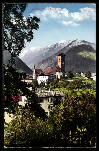AK Schönna bei Meran, Panorama mit Kirche