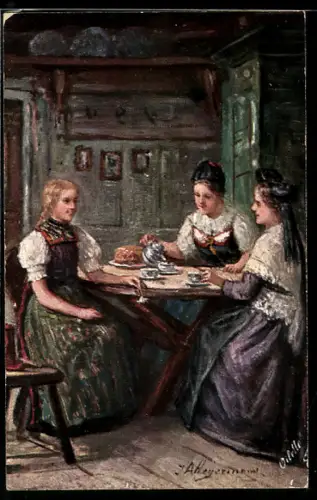 Künstler-AK Raphael Tuck & Sons Nr.248 B: Kaffeestündchen, drei Schwarzwälderinnen in Tracht