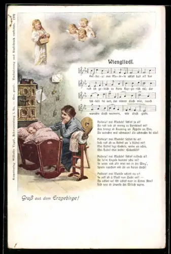 AK Erzgebirgs-Lied Wiengliedl, Mutter an der Wiege