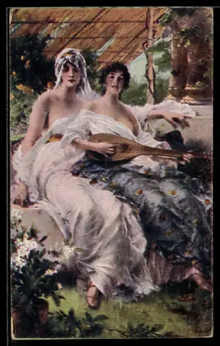 AK Brautlied, zwei Frauen mit einer Laute