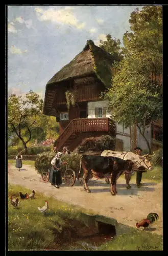 Künstler-AK H. Hoffmann: Grünfutter-Einfuhr der Bauern mit Ochsenkarren