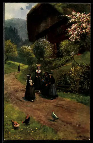 Künstler-AK H. Hoffmann: St. Georgen, Frauen in Tracht nach dem Kirchgang auf der Dorfstrasse