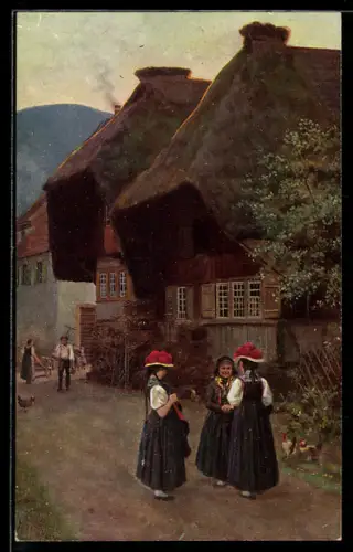 Künstler-AK H. Hoffmann: Dorfstrasse im Schwarzwald mit Frauen in Tracht