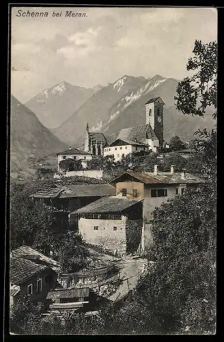 AK Schenna bei Meran, Ortspartie mit Kirche