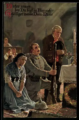 AK Serie Das Vaterunser, Bild Nr. 1, Abschied von der Heimatscholle, Soldaten im Gebet