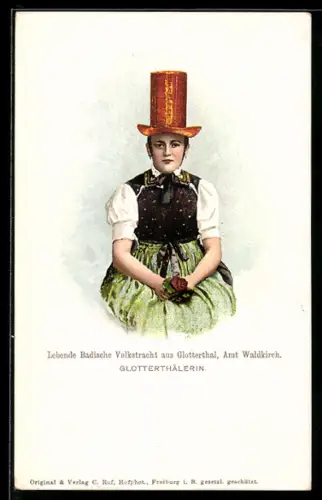 AK Glotterthal, lebende badische Volkstracht mit hohem Hut, Schwarzwälder Tracht