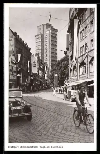 AK Stuttgart, Eberhardstrasse Tagblatt-Turmhaus, Turnfest