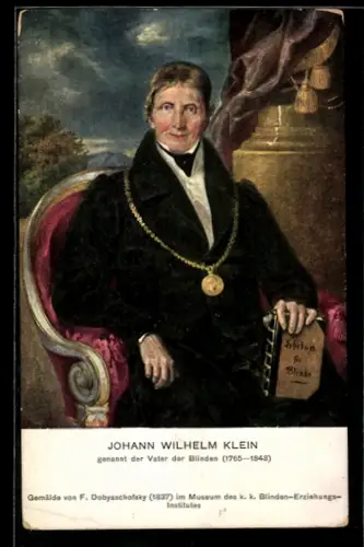 AK Johann Wilhelm Klein, genannt der Vater der Blinden, Portrait mit Buch