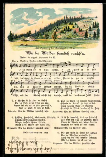Lied-AK Anton Günther Nr. 30: Wu da Wälder hamlich rausch`n, Am Spitzberg bei Gottesgab