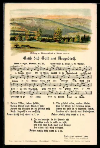 Lied-AK Anton Günther Nr. 24: Grüss dich Gott mei Arzgebirch, Keilberg mit Sonnenwirbel u. Unruh