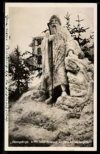 AK Riesengebirge, Schneeplastik: 4 Meter hoher Rübezahl
