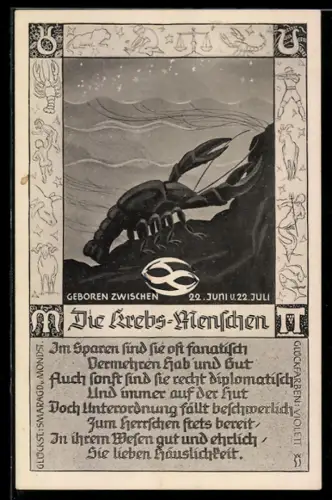 AK Sternzeichen Krebs, Krebs im Wasser unter dem Sternenhimmel, Horoskop