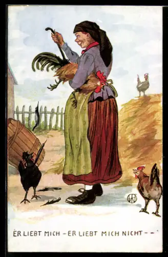 AK Er liebt mich, er liebt mich nicht, Bäuerin reisst einem Hahn die Federn aus