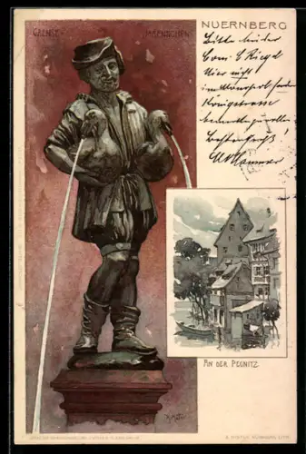 Künstler-AK K. Mutter: Nürnberg, Gänsemännchen, An der Pegnitz