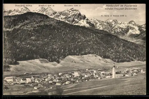 AK Niederdorf, Gesamtansicht mit dem Pragser Dolomiten