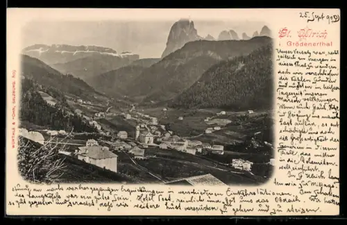 AK St. Ulrich im Grödnertal, Ortsansicht aus der Vogelschau