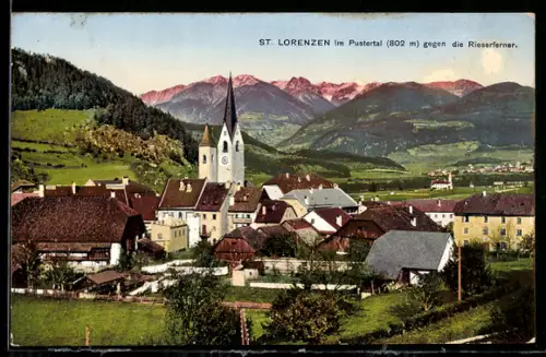 AK St. Lorenzen im Pustertal, Ortsansicht gegen die Riesenferner