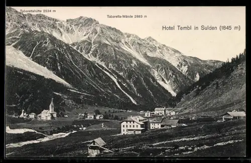 AK Sulden, Hotel Tembl, Kirche, Tabaretta-Wände