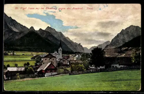 AK St. Vigil im Enneberg, Blick von der Bergwiese auf den Ort