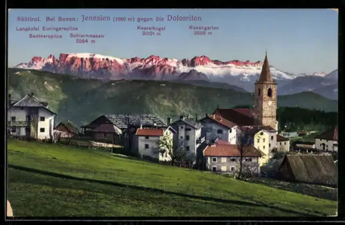 AK Jenesien bei Bozen, Ortsansicht mit Kirche gegen die Dolomiten