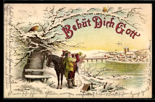 Winter-Lithographie Behüt Dich Gott!, Der Trompeter von Säckingen am Wasser