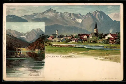 Künstler-AK H. Deuchert: Garmisch, Rissersee, Panorama mit Kirche, Berge