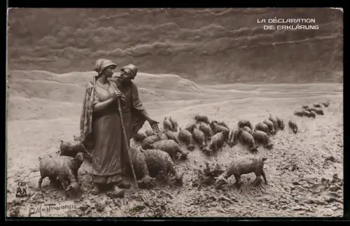 Künstler-AK Domenico Mastroianni: le déclaration, Paar bei einer Herde Schafe