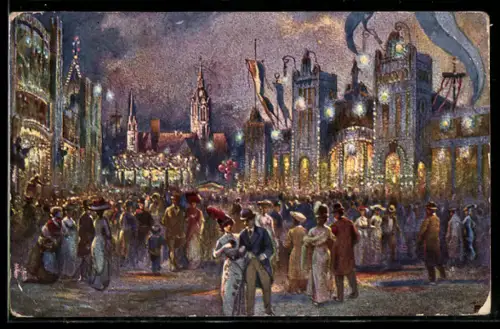 Künstler-AK München, Oktoberfest bei Nacht