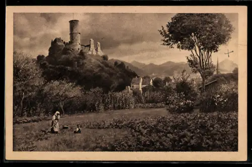 Künstler-AK H. Hoffmann: Godesberg, Ruine mit Blick auf das Siebengebirge