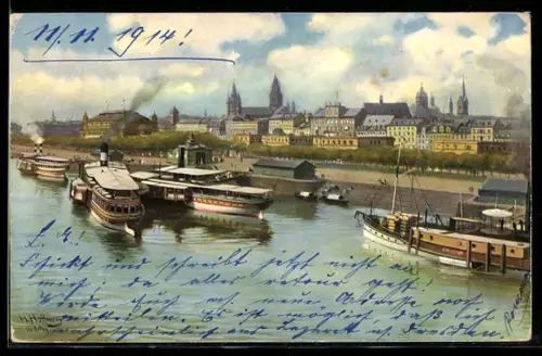 Künstler-AK Heinrich Hoffmann: Mainz, Blick vom Rhein auf die Stadt