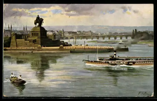 Künstler-AK Heinrich Hoffmann: Koblenz, das deutsche Eck, Kaiser Wilhelms-Denkmal beim Einfluss der Mosel in den Rhein