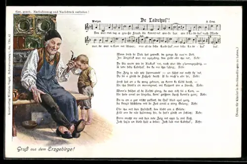 AK Lied der Ladrhus, alter Mann mit Pfeife sitzt auf einer Bank an einem Kachelofen