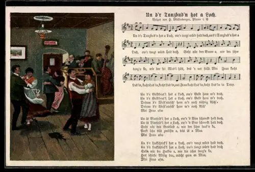 Lied-AK Hilmar Mückenberger: Und d'r Tanzbud'n hot a Loch, Leute auf der Tanzdiele