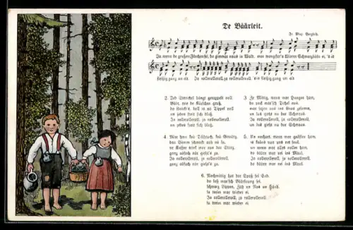 AK Lied: De Bäärleit, Kinder laufen mit einem Korb durch den Wald