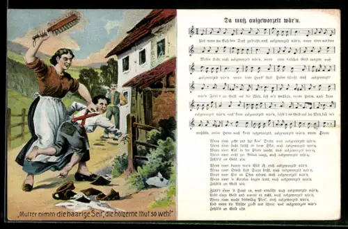 AK Erzgebirgs-Lied Da muss aufgeworzelt wär`n, Mutter versohlt ihrem Sohn den Hintern