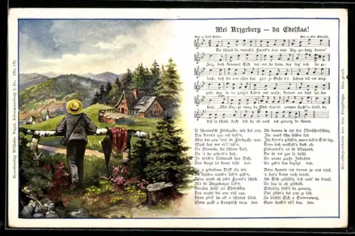 AK Lied Mei Arzgeberg - du Edestaa!, Wanderer schaut in die Landschaft