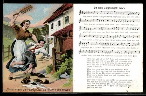 AK Erzgebirgs-Lied Da muss aufgeworzelt wär'n, Mutter versohlt ihrem Sohn den Hintern
