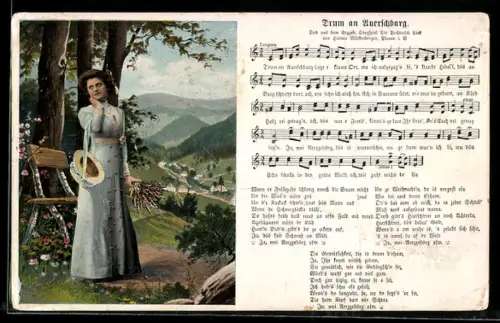 Lied-AK Hilmar Mückenberger: Lied Drum an Auerschbarg, wartende Dame am Waldesrand