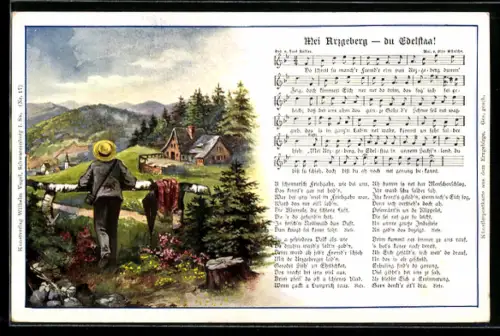 AK Lied Mei Arzgeberg - du Edestaa!, Wanderer schaut in die Landschaft