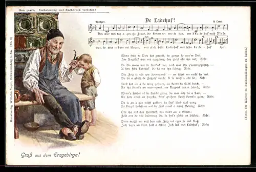 AK Lied der Ladrhus, alter Mann mit Pfeife sitzt auf einer Bank an einem Kachelofen