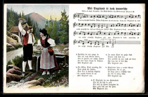 Lied-AK Hilmar Mückenberger: Mei Vogtland is doch wunnersche, Paar in Trachten am Wasser