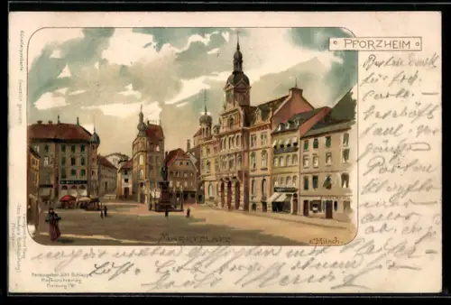 Künstler-AK Carl Münch: Pforzheim, auf dem Marktplatz, Denkmal